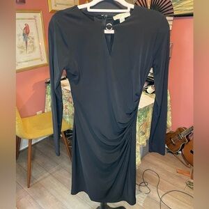 Michael Michael Kors Black Bias Cut Mini dress with gold circle neck $150 Small